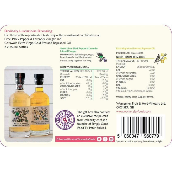 Back label of Womersley Foods Fruit & Herb vinegar Gift Box Divinely Luxurious Dressing showing nutrition information.