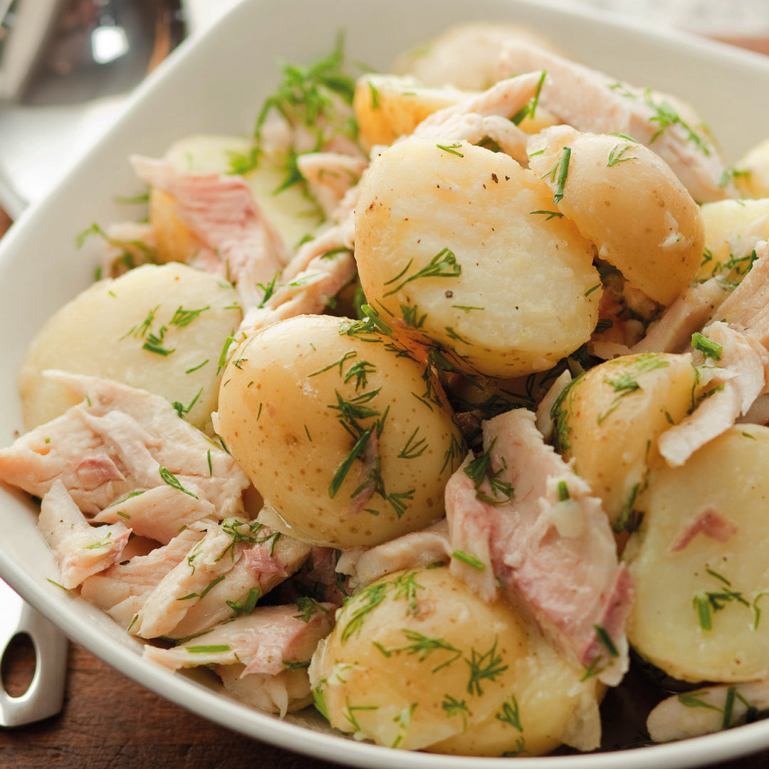 Warm Potato Salad with Smoked Trout & Chives with Womersley Lime, Black Pepper & Lavender Fruit Vinegar