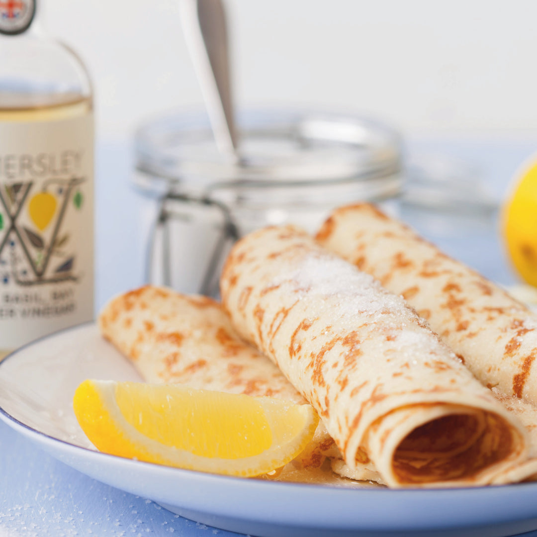 Bright & Zesty Lemon Pancakes with Womersley Lemon, Basil, Bay & Juniper Vinegar.