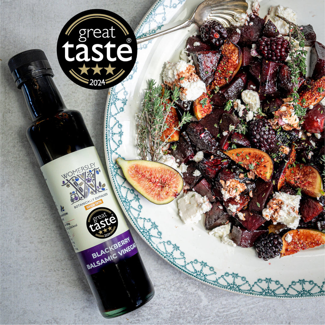 Balsamic Beetroot, Feta and Fig Salad recipe, made with Womersley Foods Award Winning Blackberry Balsamic Vinegar of Modena handcrafted in Modena Italy with natural ingredients.