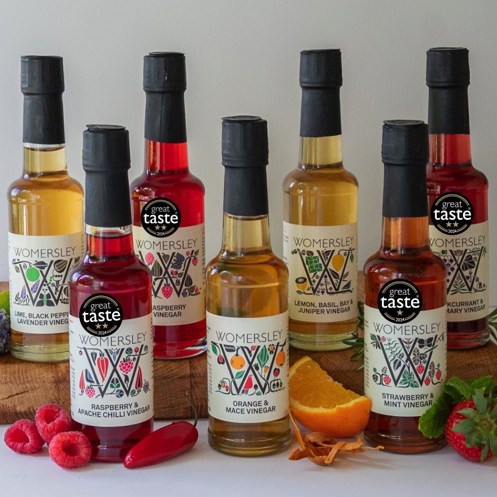 Womersley range of 150ml vinegars, fruit and herb vinegars, dressings. Raspberry, Raspberry & Chilli, Strawberry & Mint, Blackcurrant & Rosemary, Lime, Black Pepper & Lavender, Lemon, Basil, Bay and Juniper, Orange & Mace
