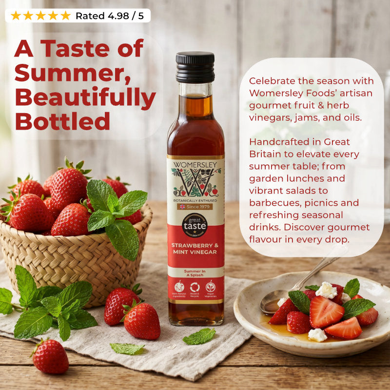 Womersley Foods gourmet product advertisement with a bottle, basket of Strawberry fruits, and text that reads A Taste of Summer, Beautifully Bottled.