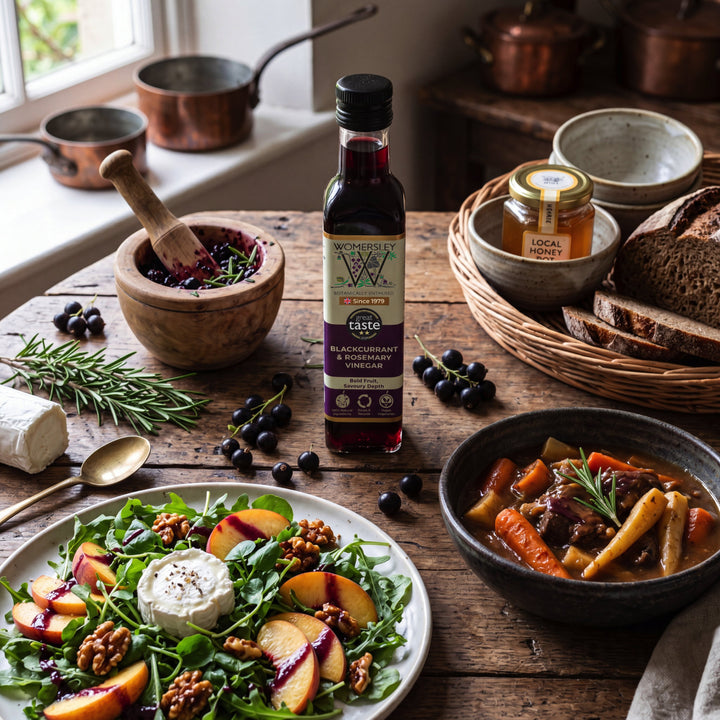 Table with salad, dish of food, and bottle of Womersley Blackcurrant & Rosemary Vinegar.