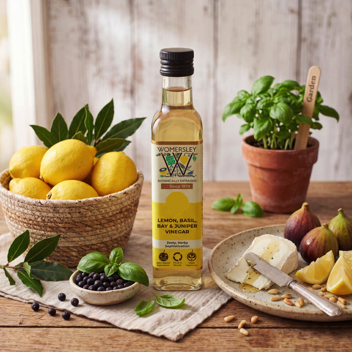 Bottle of Womersley lemon basil bay and juniper oil on a wooden table with lemons, basil, and other ingredients.