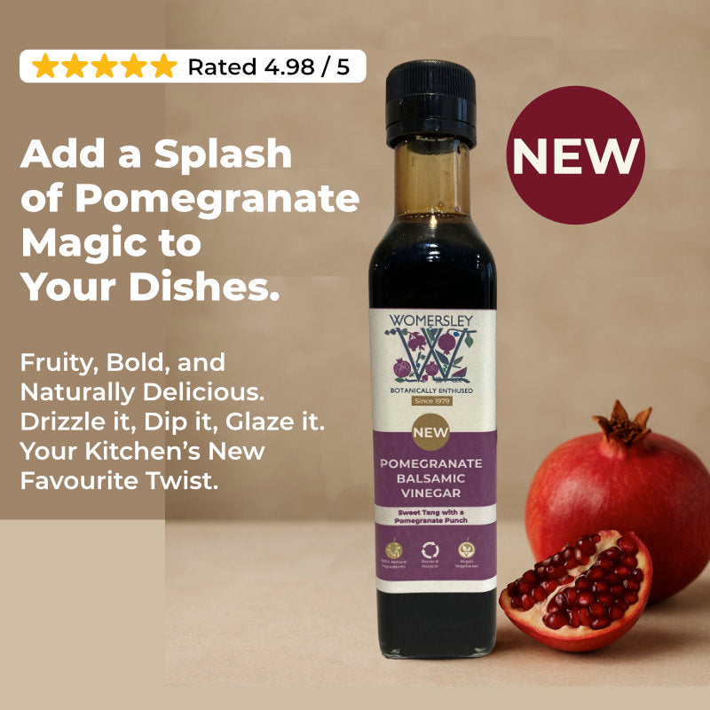 Bottle of Pomegranate Balsamic Vinegar of Modena with a pomegranate on a beige background, featuring text about its uses and 5 star customer  rating. Text says Add a Splash of Pomegranate Magic to Your Dishes. Fruity, Bold, and Naturally Delicious. Drizzle it, Dip it, Glaze it. Your Kitchen’s New Favourite Twist.