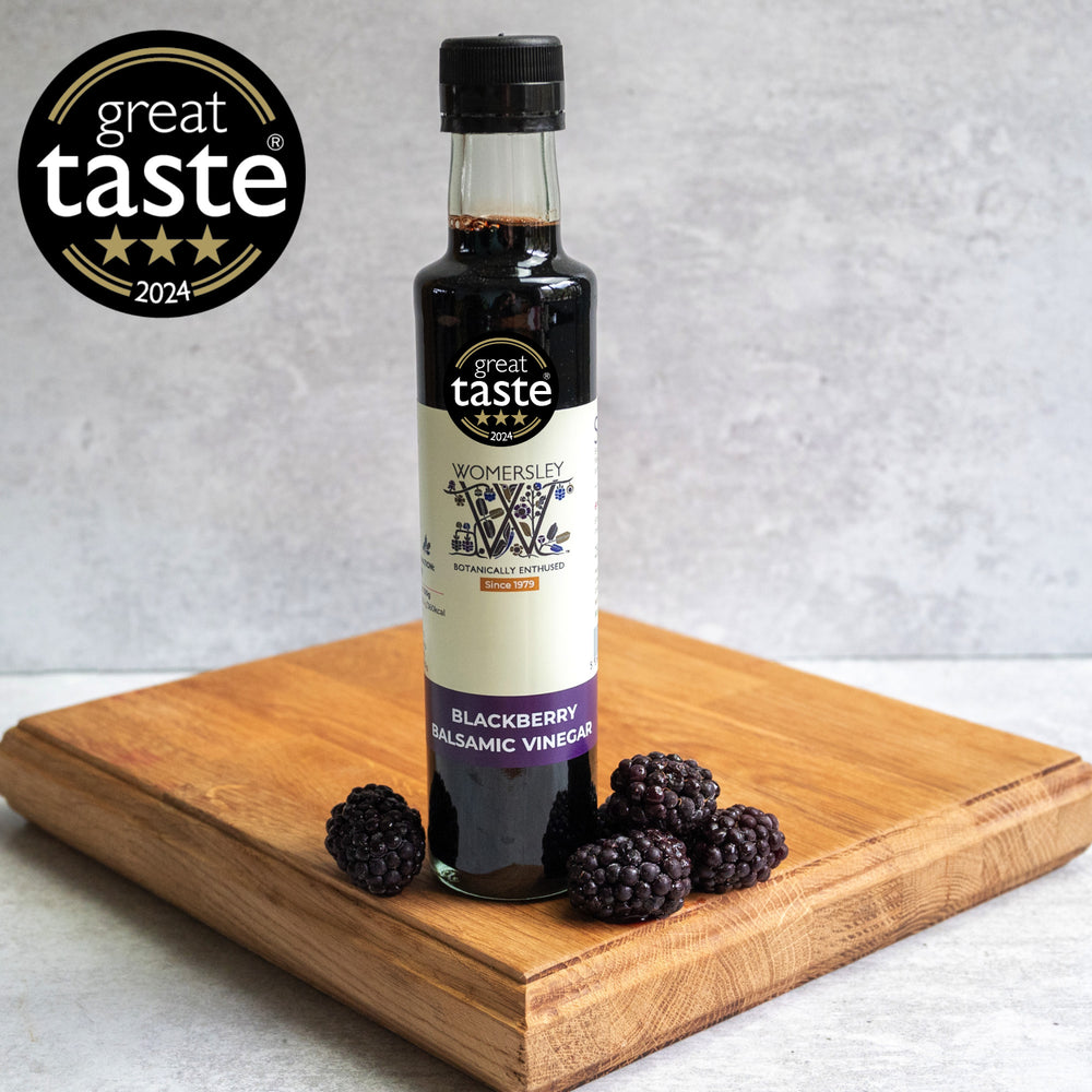 Womersley Foods Blackberry Balsamic Vinegar of Modena 250ml bottle with fresh blackberries - Great Taste Award 2024 three star winner