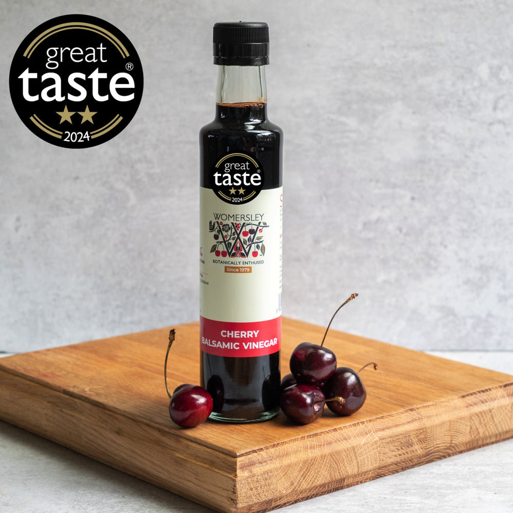 Womersley Foods Cherry Balsamic Vinegar of Modena 250ml bottle with fresh cherries - Great Taste Award 2024 two star winner