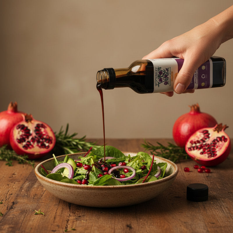 Person pouring Womersley Pomegranate Balsamic Vinegar onto a bowl of salad with pomegranates in the background.