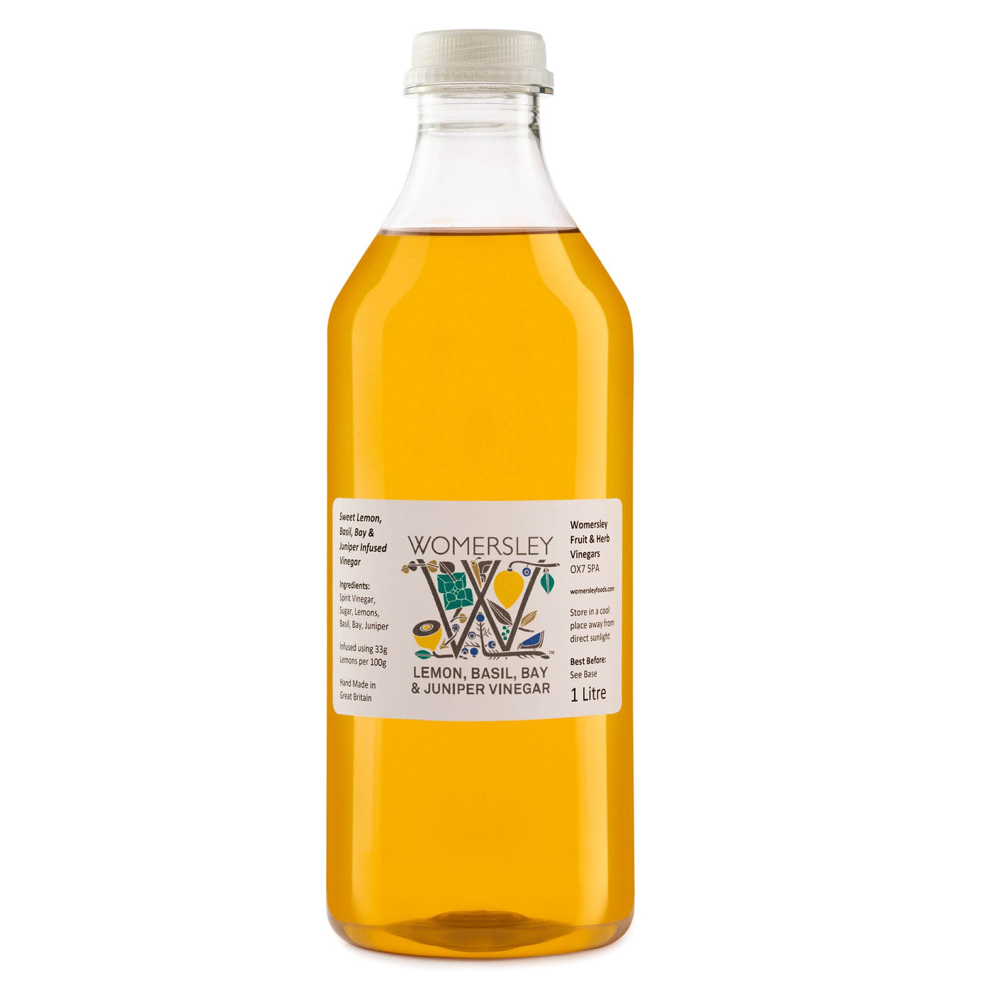 1 litre bottle of Womersley Foods Lemon, Basil, Bay & Juniper Fruit Vinegar with white background.