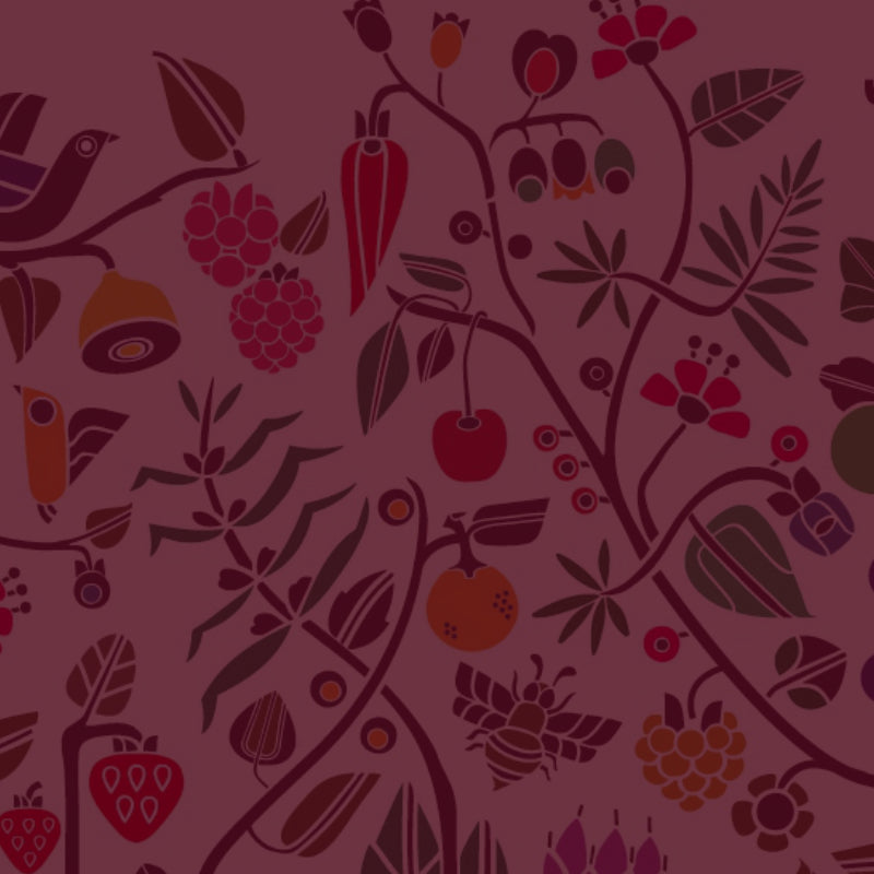 Square Womersley Food red tinted fruit colourful motifs.