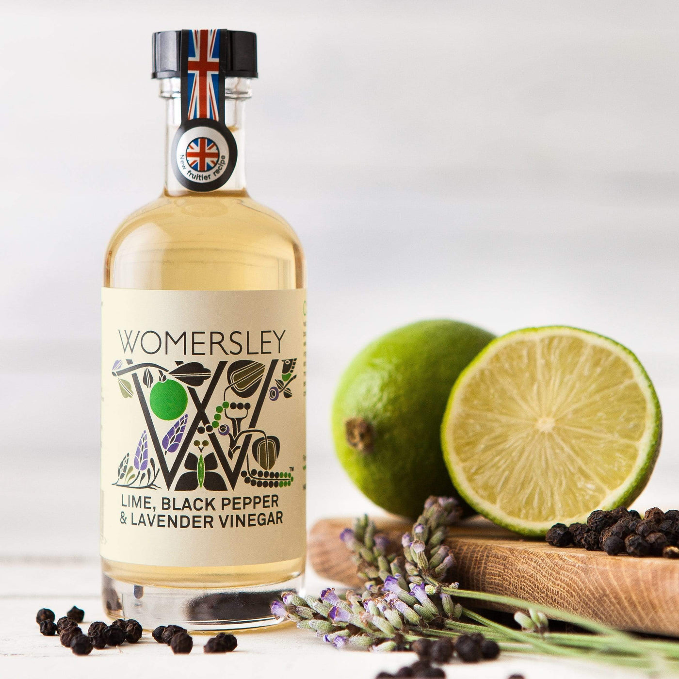 Womersley Foods 100ml Lime, Black Pepper & Lavender Fruit Vinegar with ingredients.