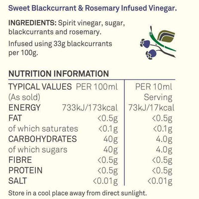 Womersley Foods Blackcurrant & Rosemary Fruit Vinegar nutritional information label.