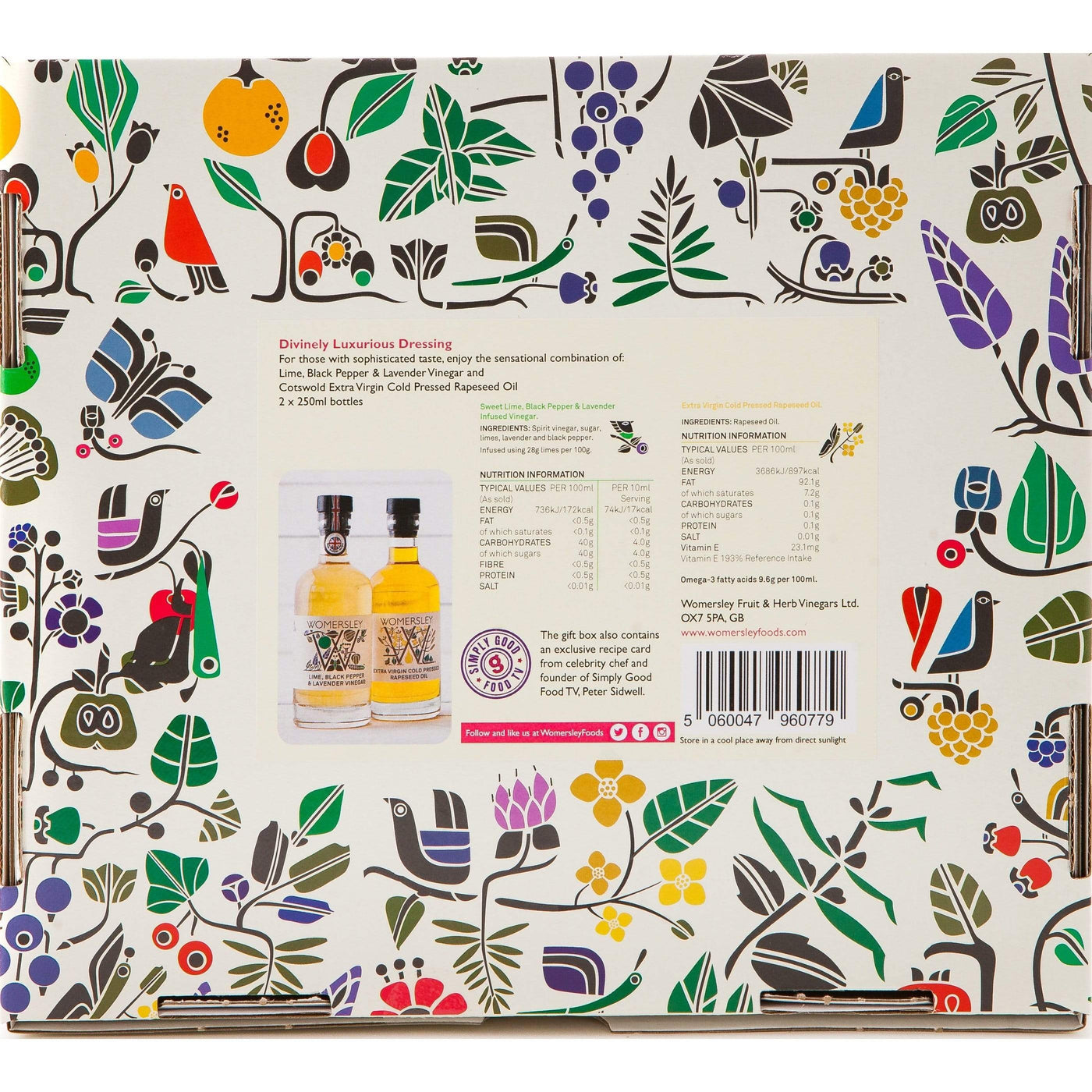 Back label of Womersley Foods Fruit & Herb vinegar Gift Box Divinely Luxurious Dressing showing nutrition information surrounded by Womersley Foods brand fruit illustration motifs.