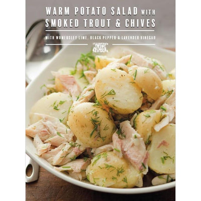 Womersley Foods recipe card with image of warm potato salad with smoked trout and chives using Womersley Foods Lime, Black Pepper and Lavender Fruit Vinegar.