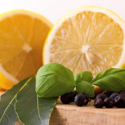 Close up image of lemon, basil, bay and juniper ingredients.