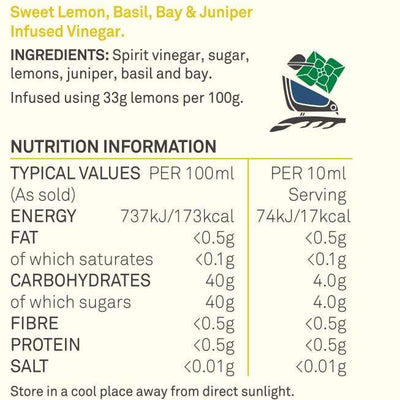 Womersley Foods Lemon, Basil, Bay & Juniper Fruit Vinegar nutrition information label.