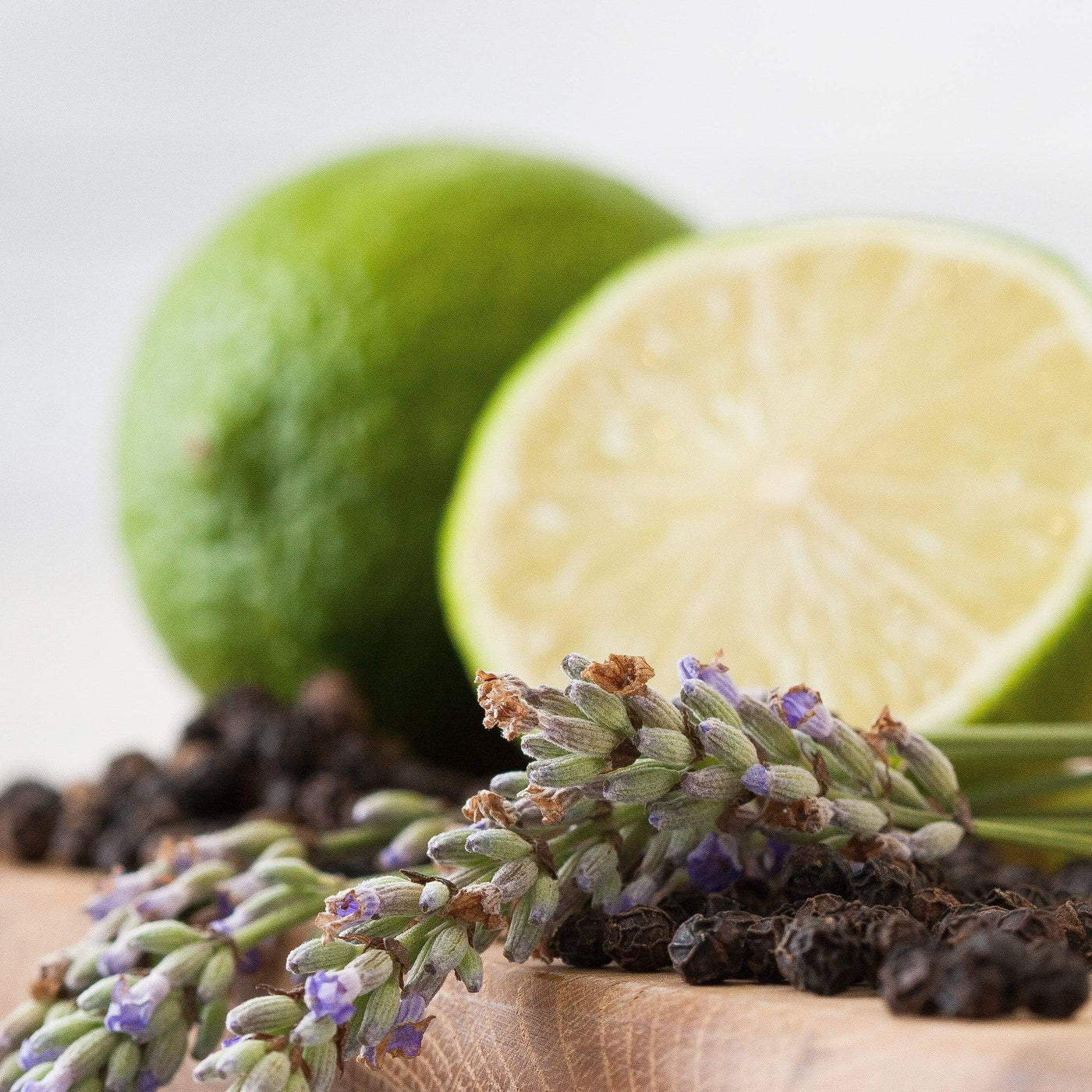 Close up image of Lime, Black Pepper & Lavender ingredients.