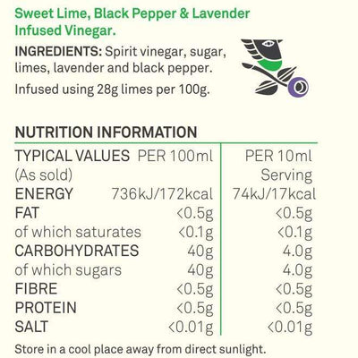 Womersley Foods Lime, Black Pepper & Lavender Fruit Vinegar nutrition information label.