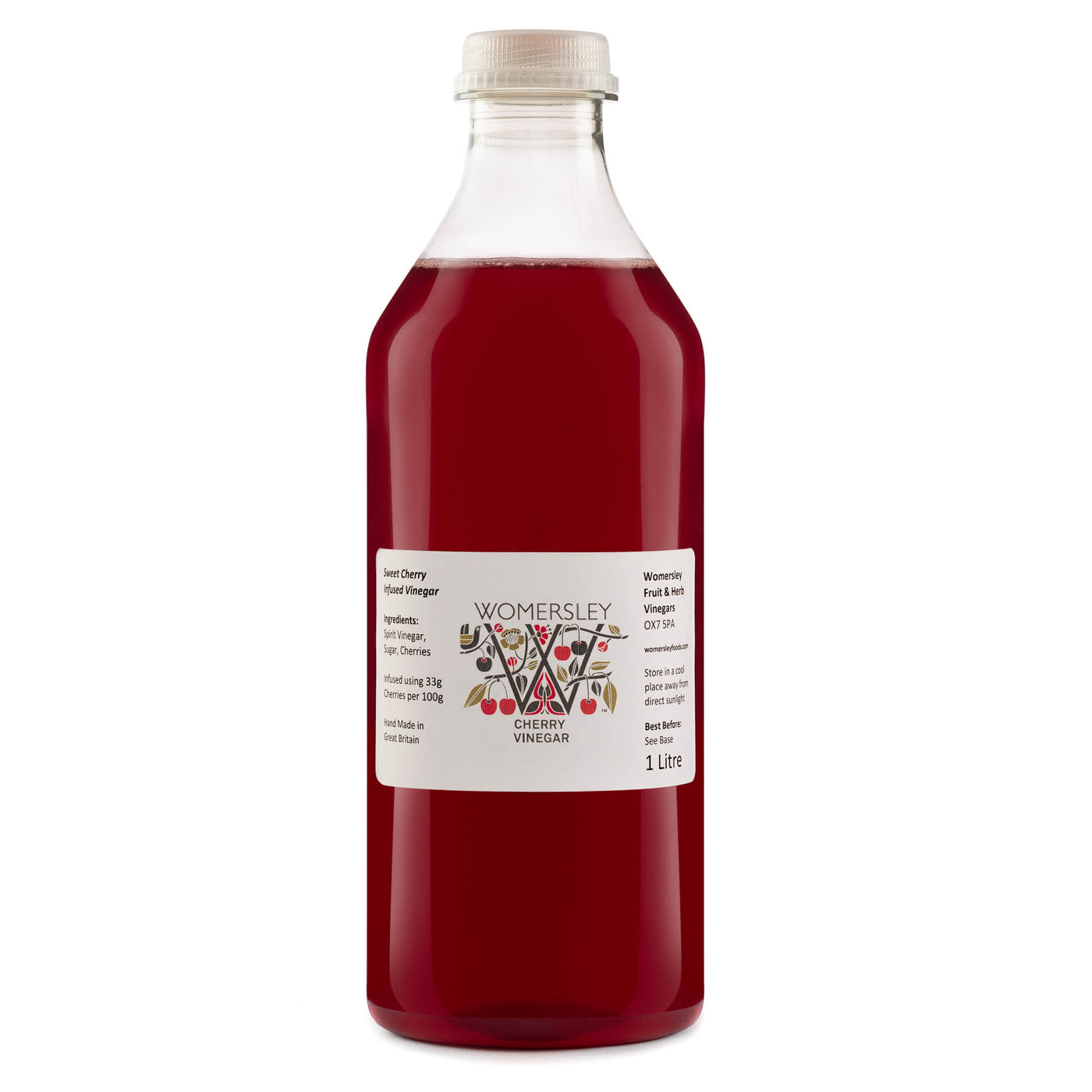 1 litre bottle of Womersley Foods Cherry Fruit Vinegar with white background.