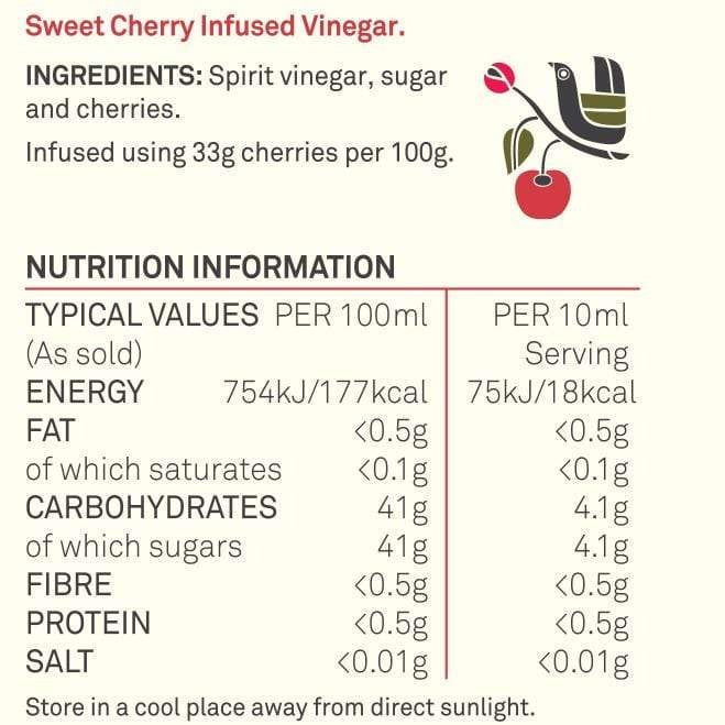 Womersley Foods Cherry Fruit Vinegar nutritional information label.